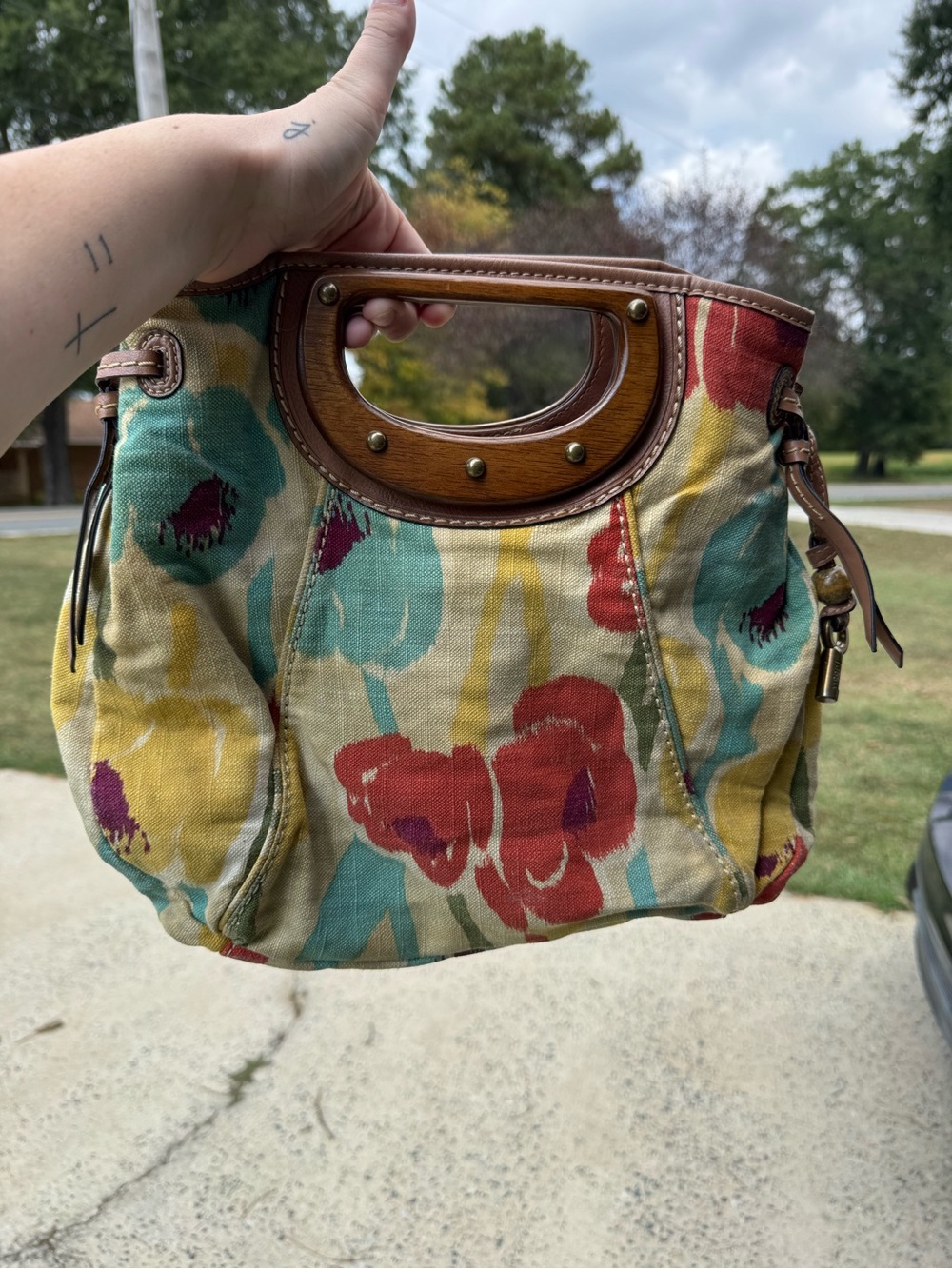 Fossil Floral Canvas Crossbody Bag in Red, Teal & Yellow